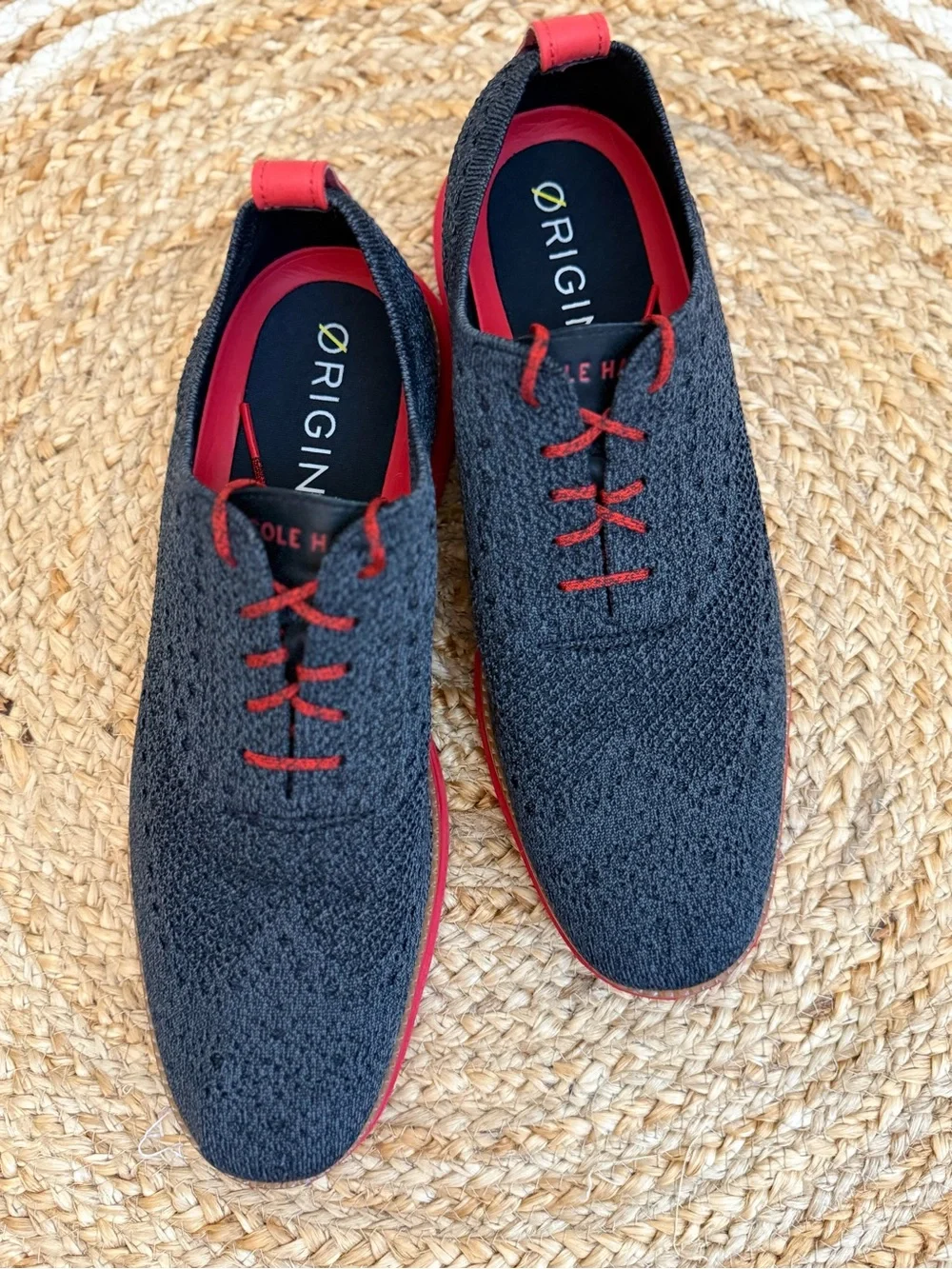 🌾 Cole Haan Black Knit‎ Original Grand Oxfords with Red Accents